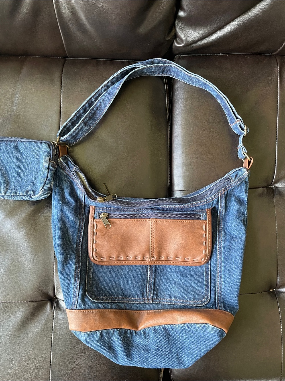 Denim and Brown Leather Trim Handbag